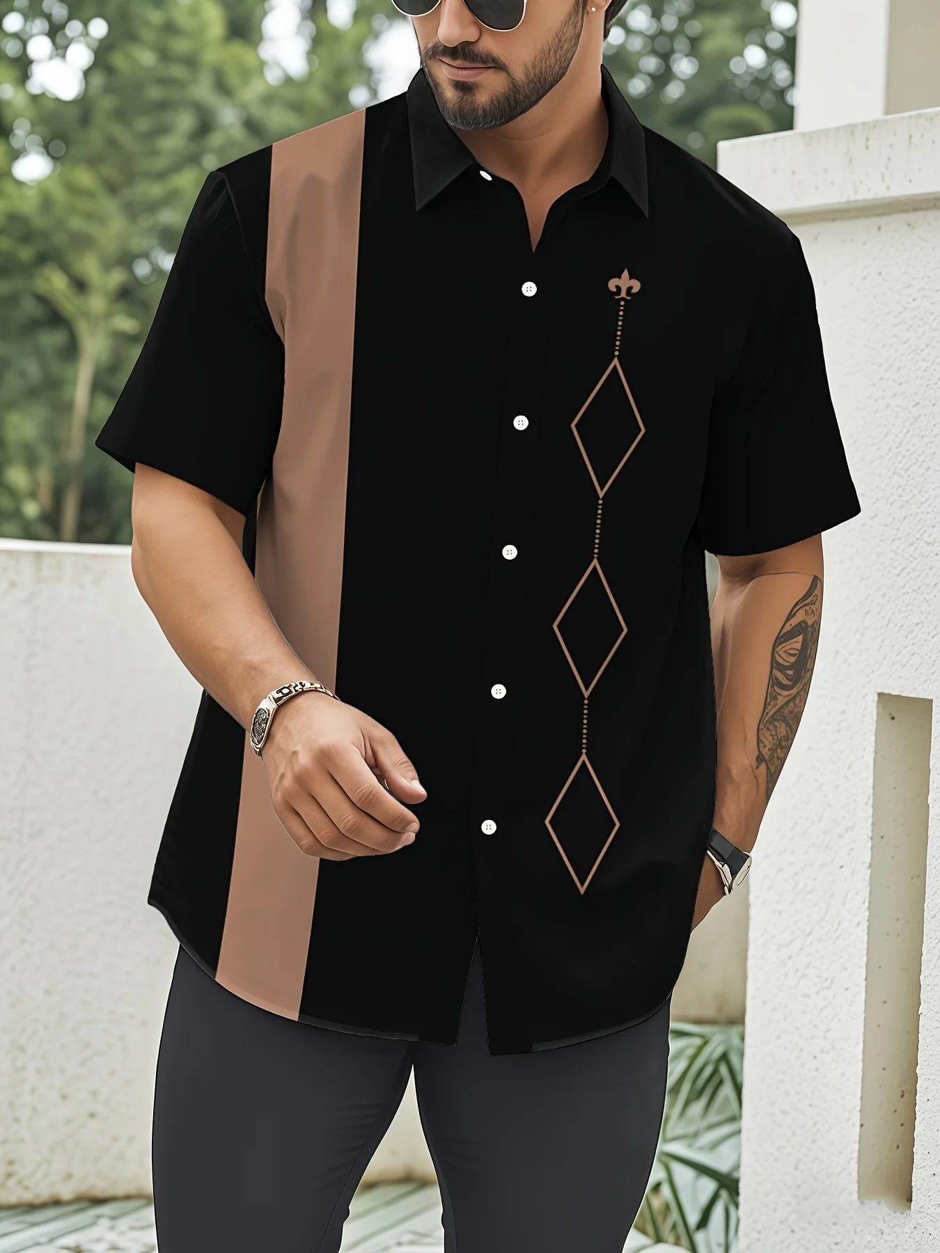 Men Black Khaki Color Block Geometric Diamond Print Short Sleeve Turn-down Collar Shirt Casual Button Down Streetwear Top