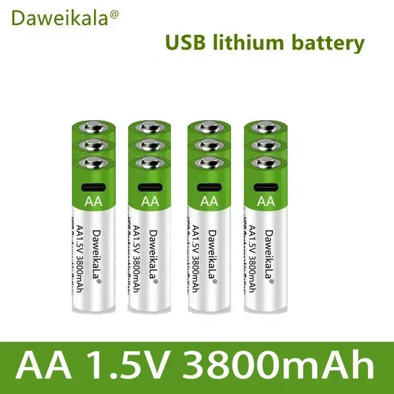 Fast charging 1.5V AA lithium ion battery, 3800mah capacity and USB rechargeable lithium USB battery for toy keyboard