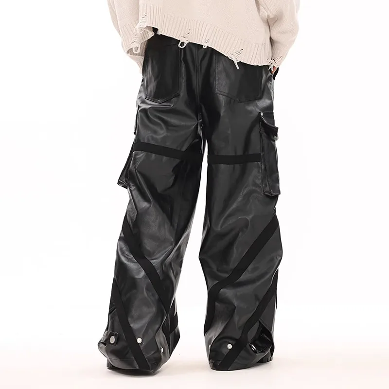MWJLPWQ Pantalones cargo de cuero brillante con múltiples bolsillos de gama alta estilo americano pantalones casuales de pierna ancha sueltos funcionales de nicho 20226