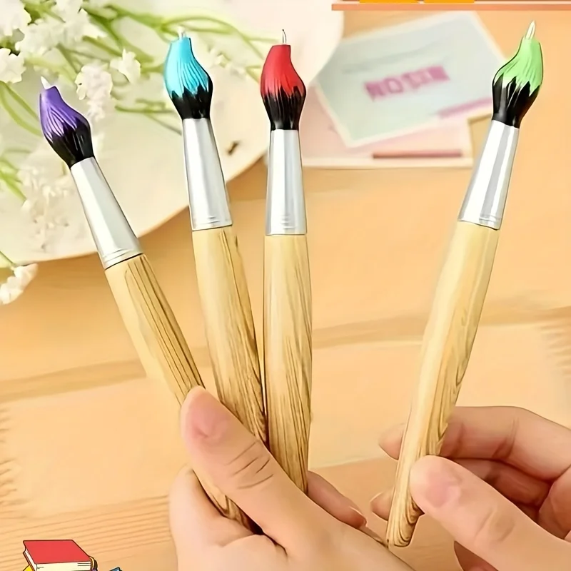 5Pcs Creative Ballpoint Pens Oil Painting Texture Imitation Wood Look Brush Shape Signature Pen Daily Writing Campus Stationery