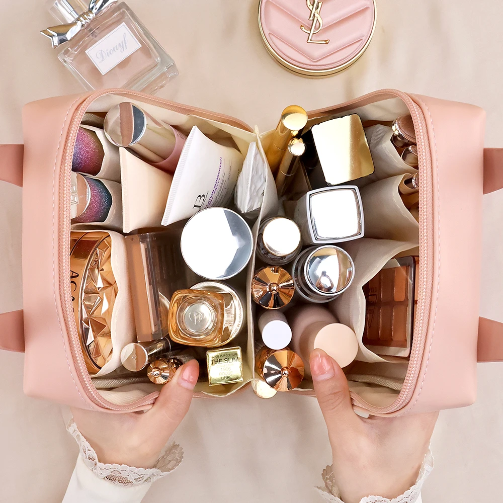 Shell Shape PU Leather Cosmetic Bag Waterproof Letter Makeup Pouch Bag Multifunction Carry-on Makeup Tote Travel Wash Bag