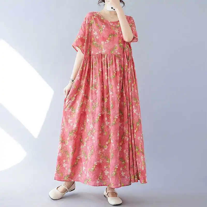 Flower Print Dress for Women Casual Shore Sleeve Long Dress Women's Spring Summer Large Size Robe Bohemian O-neck Retro Dresses