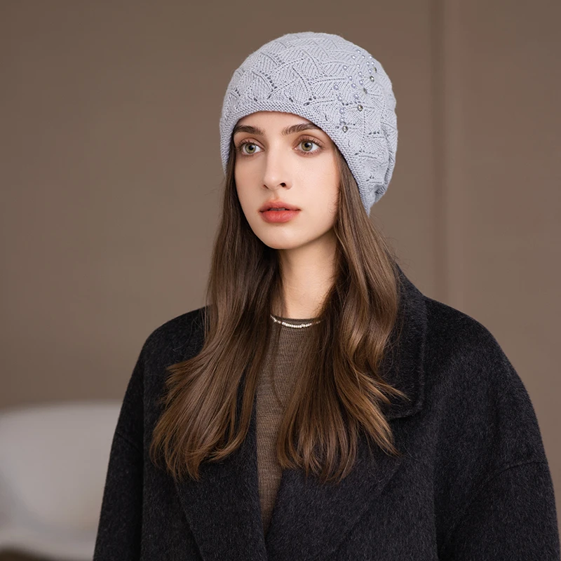 

Женские осенне-зимние шапки, модные уличные теплые тонкие шапки, комплект с сетчатыми вязаными шапками с бриллиантами