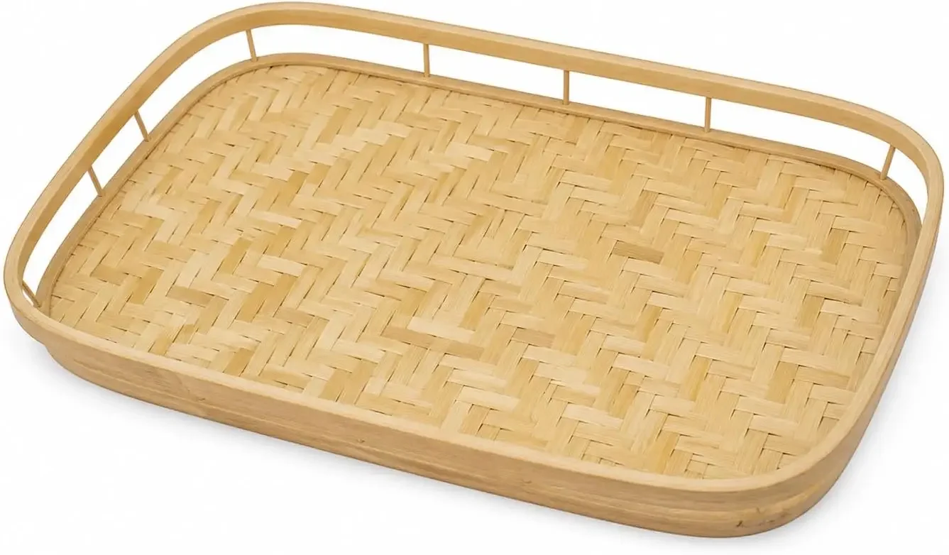 Set of 6 Natural Bamboo Trays for Eating - Hand-Woven Handcrafted Rectangular Serving Trays with Handles - Unique Stackable