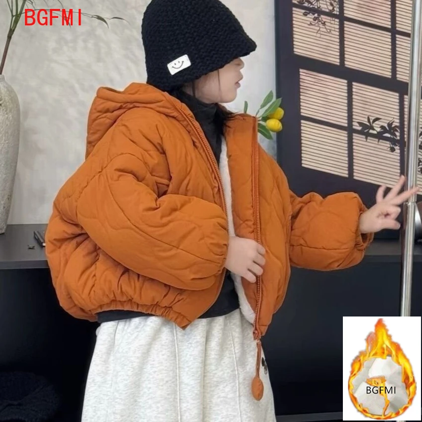 New Winter Cotton Clothes for Korean Girl's Hooded Bread Topcoat Children's Cotton Padded Jacket with Fleece Lining for Warmth