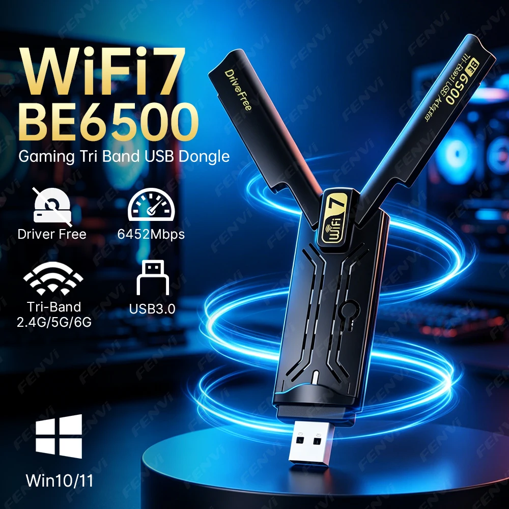 

WiFi 7 BE6500 USB 3.0 Adapter Tri-band 2.4G/5G/6GHz 6500Mbps Wireless Network Card 802.11BE WiFi Dongle For Win10/11 Driver Free