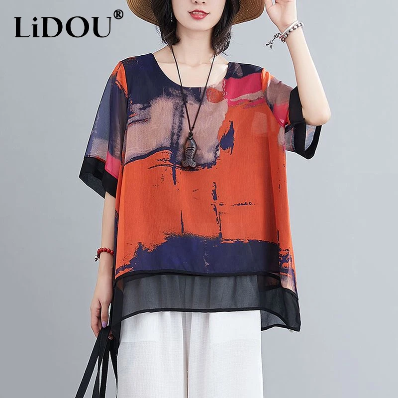 

2023 Summer New Oversize Chiffon Shirt Women Round Neck Short Sleeve Vintage Printing Pullovers Female Loose Casual Lace Tops