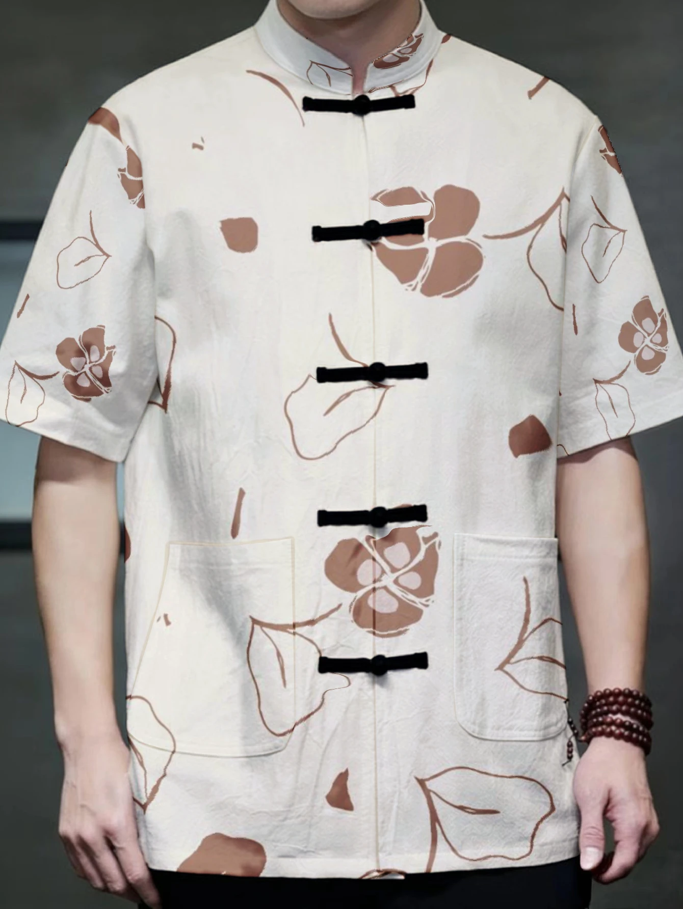 Men Loose Fit Chinese Style Top Minimalist Brown Floral Leaf Print Frog Button Stand Collar Daily Vacation Shirt