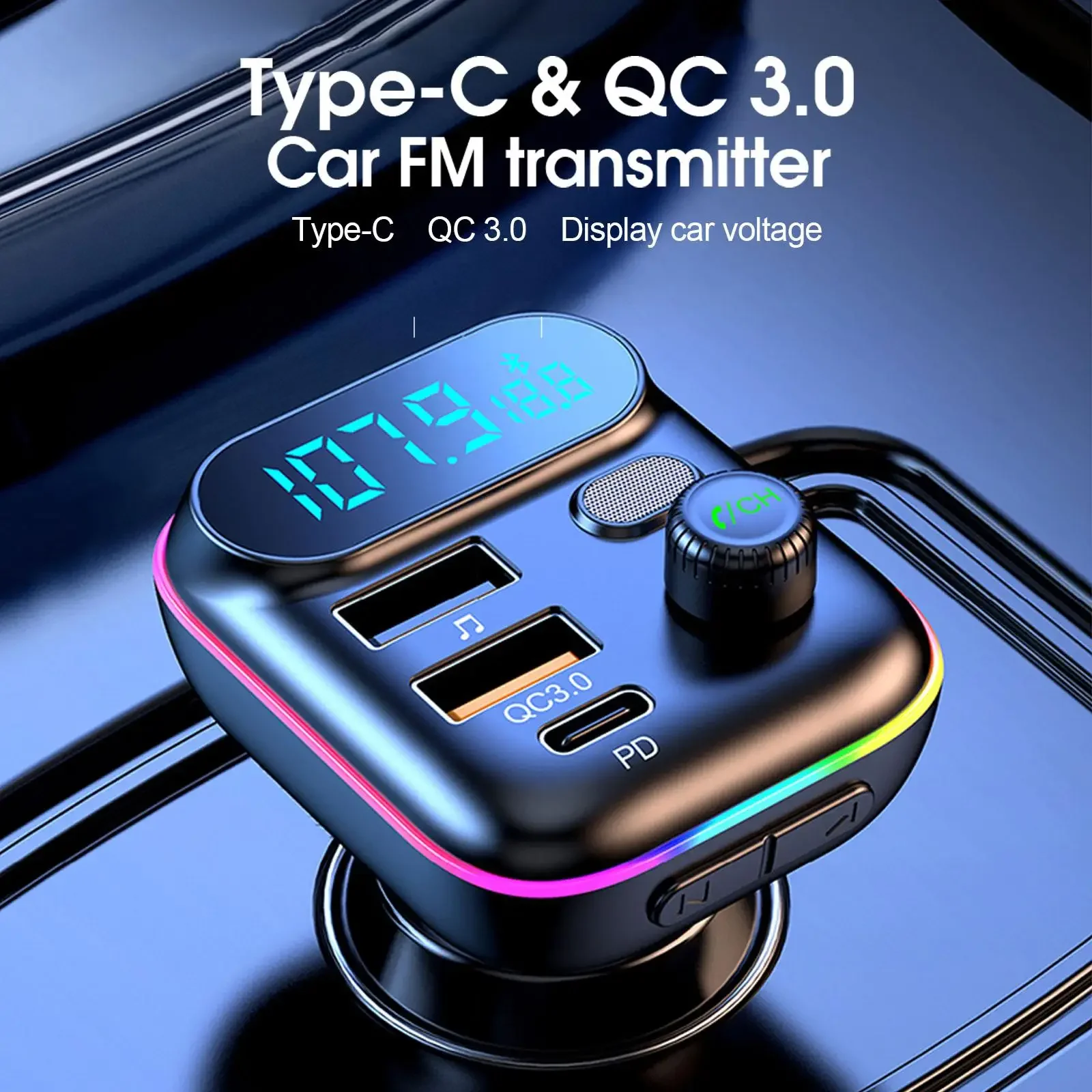 Автомобильный PD 18 Вт QC3.0 с быстрой зарядкой Bluetooth 5,0, FM-передатчик, двойной плеер, музыка Type-C, красочный окружающий MP3-светильник, прикуриватель