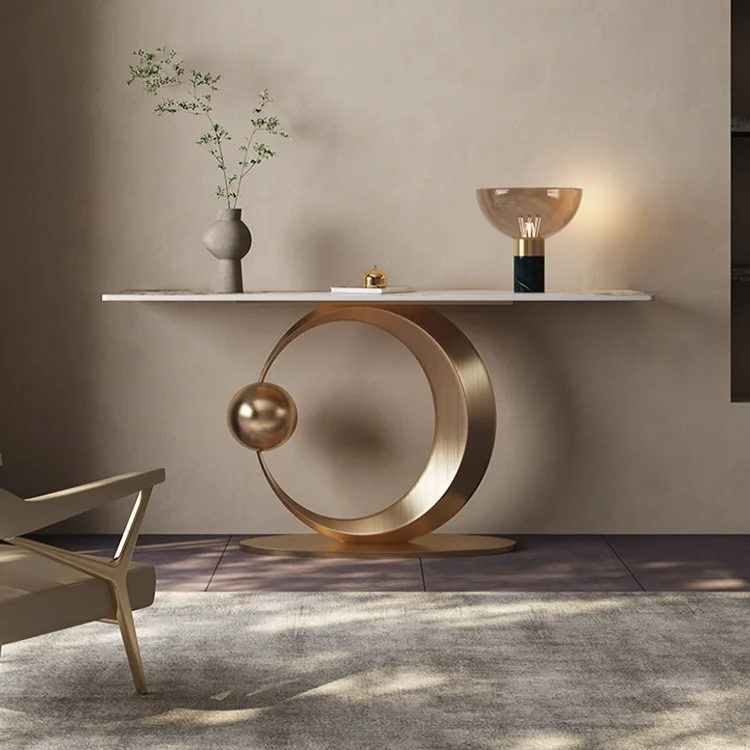 Modern Gold Stainless Steel Console Table Luxury Rock Slab Rectangle Glass Entryway Shelf Kitchen Hotel Living Room Furniture