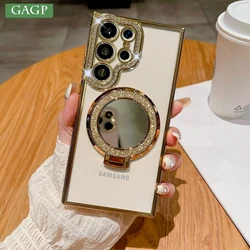 Для Samsung S24 Ultra Mirror Magsafe Case для Galaxy S24 Plus Samsung S23 S22 Ultra Luxury Diamond Plating Stand Holder Cover