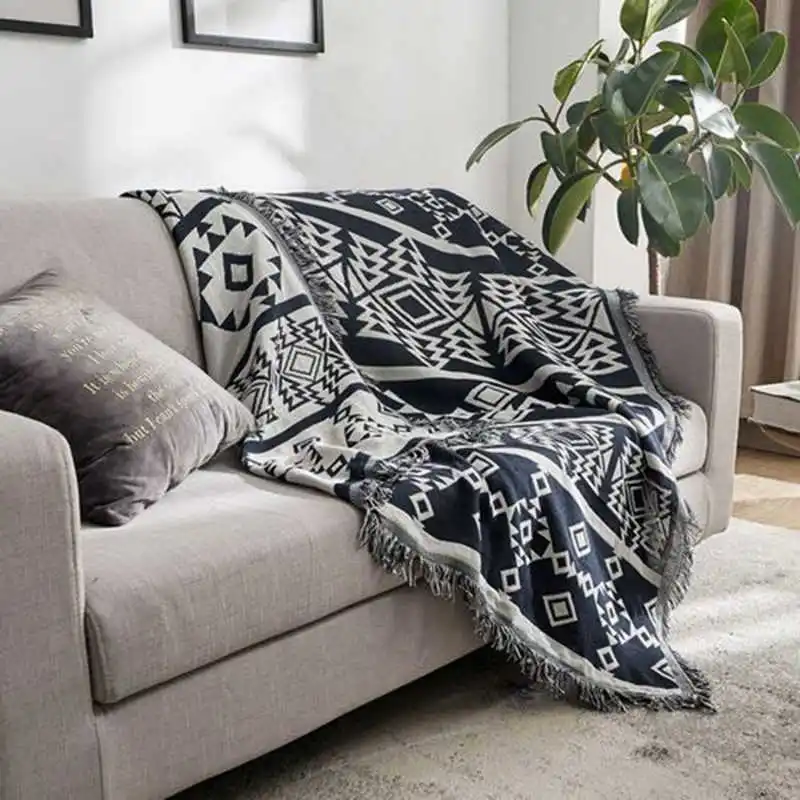 

Double Sides Throw Blanket Black White Geometric Pattern Knitted Cotton 130x180cm Bed Spread Couch Covering Quilt Floor Carpet