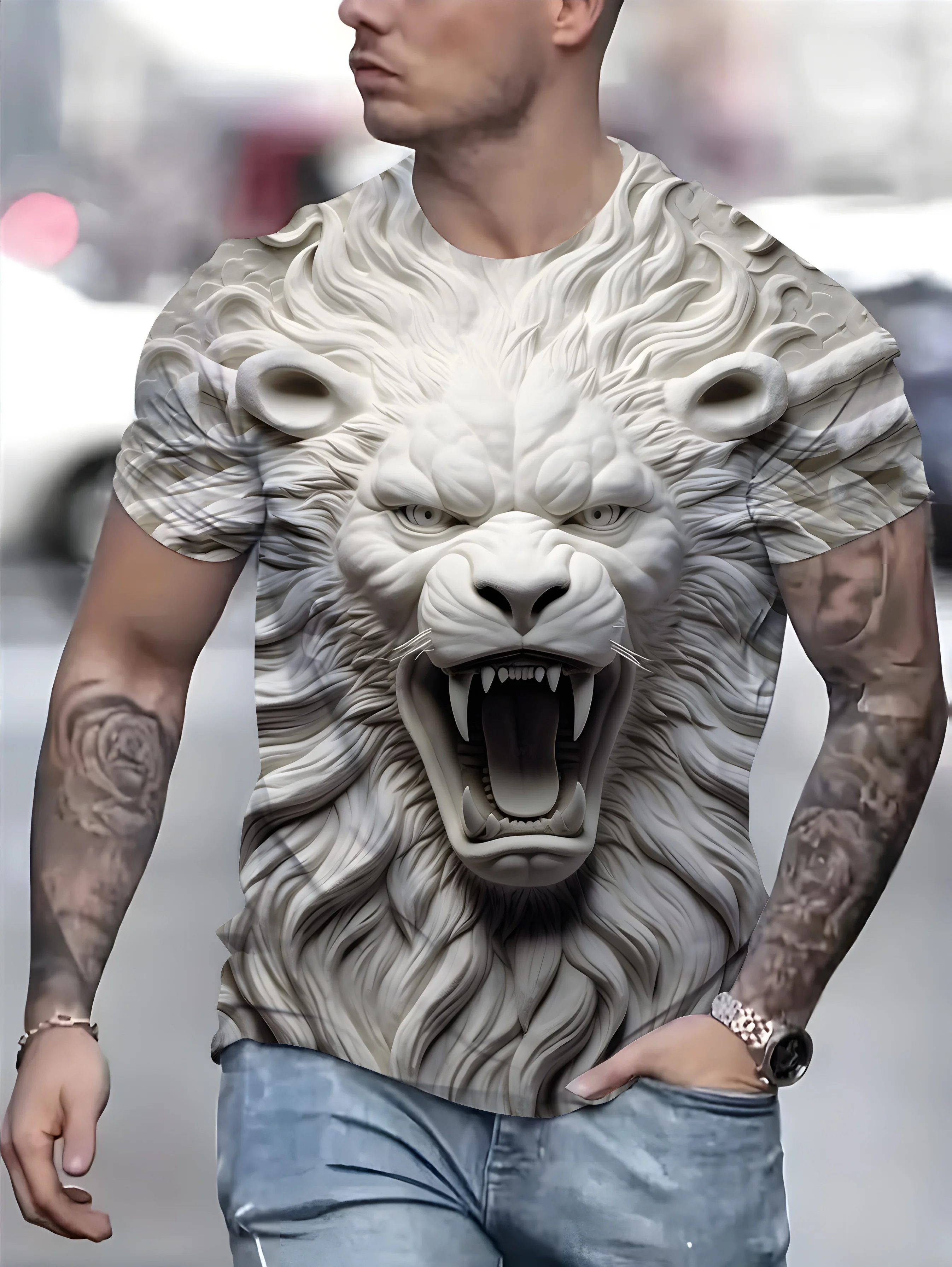 

Vibrant White Lion Pattern 3D Printed Crew Neck Short Sleeve T-Shirt Summer Tee For Men Ideal Daily Wear Vacation Resorts Tshirt