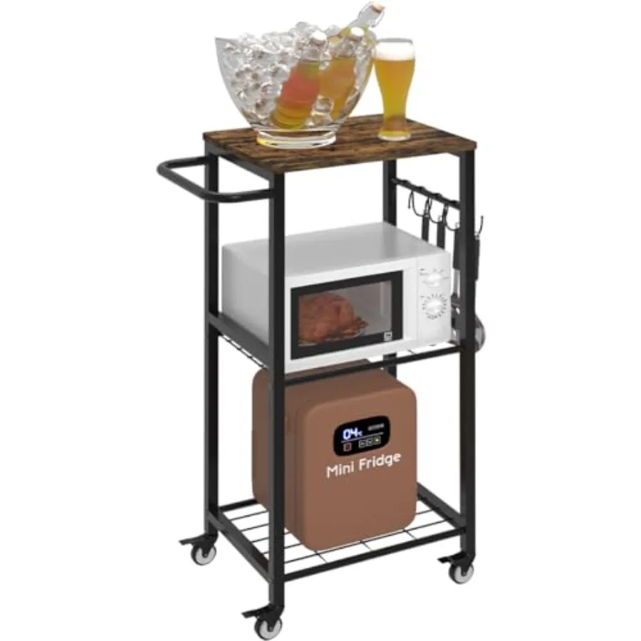 

Kitchen Microwave Stand Cart with Storage Rack, 3-Tier Rolling Kitchen Side Table on Wheels with 8 Hooks, Utility Small Coffee