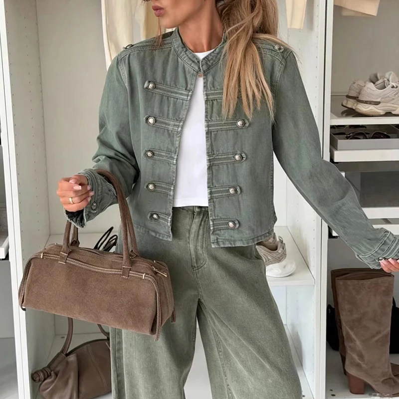 Autumn Women's Fashion O-neck Street Party Coats Winter Long Sleeved Solid Denim Jacket Elegant Button Decoration Slim Outerwear