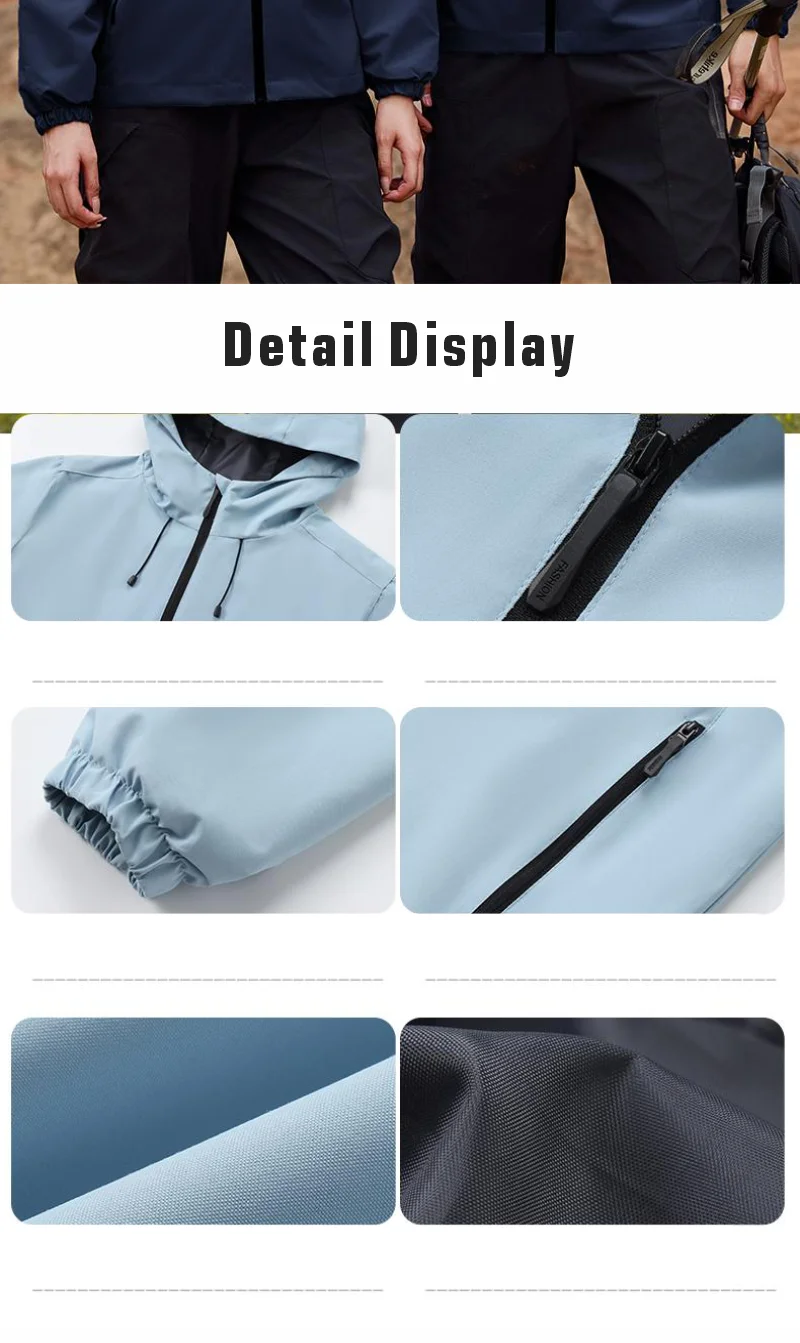 Wasserdichte Wanderjacken, doppelte Stoff-Windjacke, Kapuzenjacke, Schutz, Windjacke, Camping, Klettern, Unisex, Reißverschlussmäntel – Detail 9