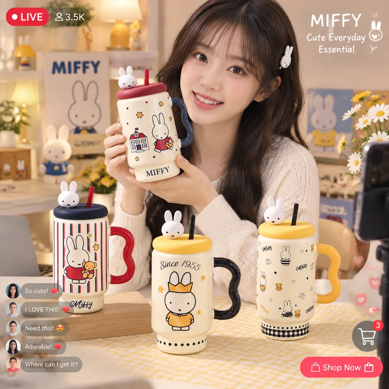 Miffy Rabbit Ceramic Mug Large Capacity Straw Cup with Lid Cute Cartoon Office Drinkware High Aesthetic Authentic Water Cup