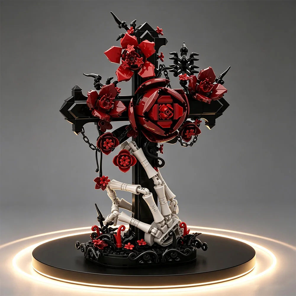 MOC 518-teiliges Totenkopf-Rosen-Kreuz-Bouquet Modell, Gotische Totenkopf-Blumen Deko-Bausteine, Kreuz für Festival-Party-Geschenke