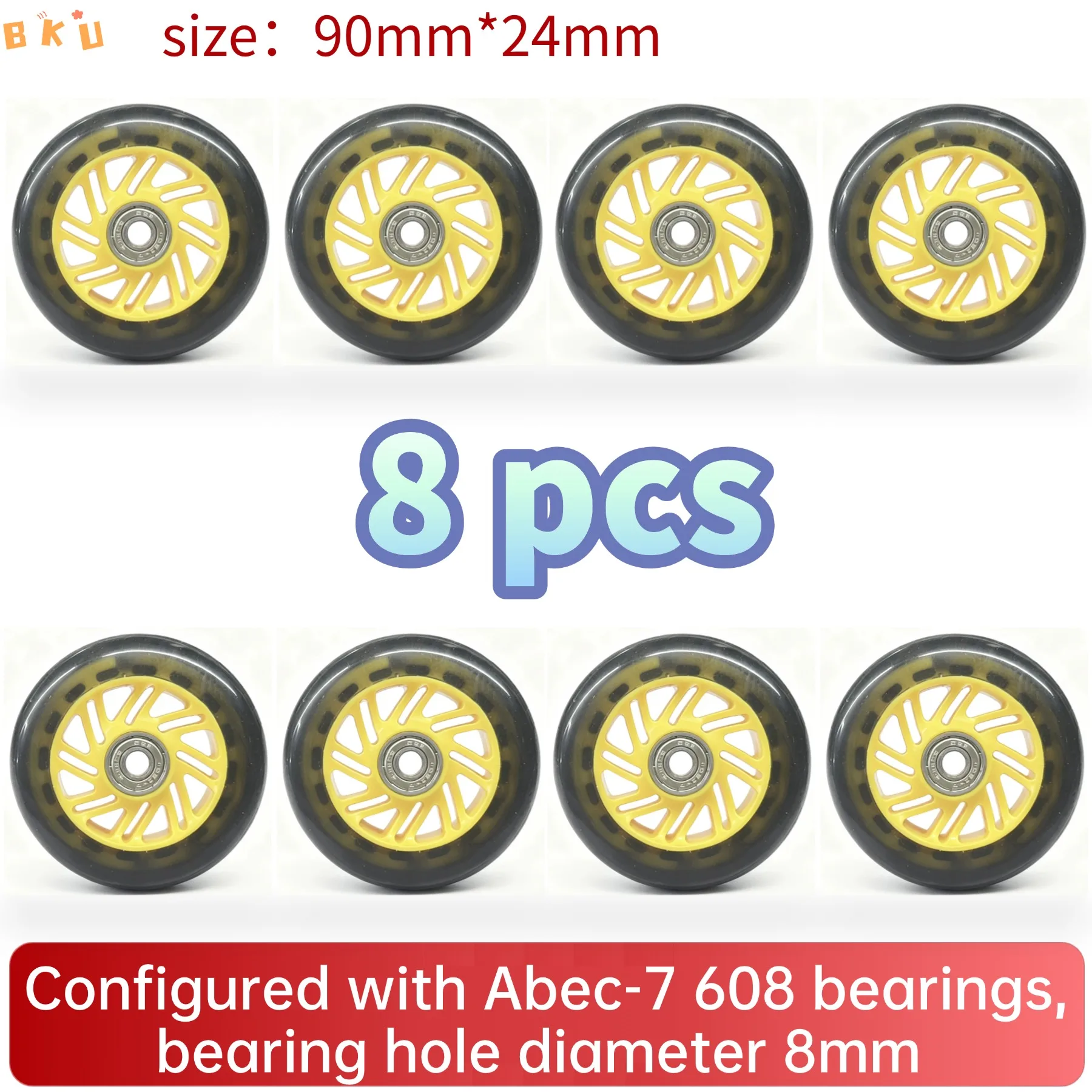 8pcs Universal 90mm PU Wheels for Inline Skates Luggage Stroller with ABEC-7 608 Bearings 12 Color Variants 8mm Inner Hole