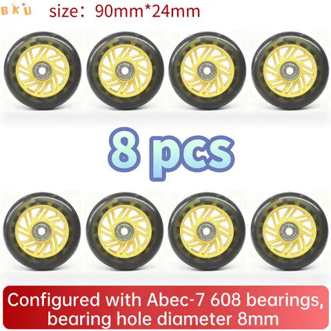 8pcs Universal 90mm PU Wheels for Inline Skates Luggage Stroller with ABEC-7 608 Bearings 12 Color Variants 8mm Inner Hole