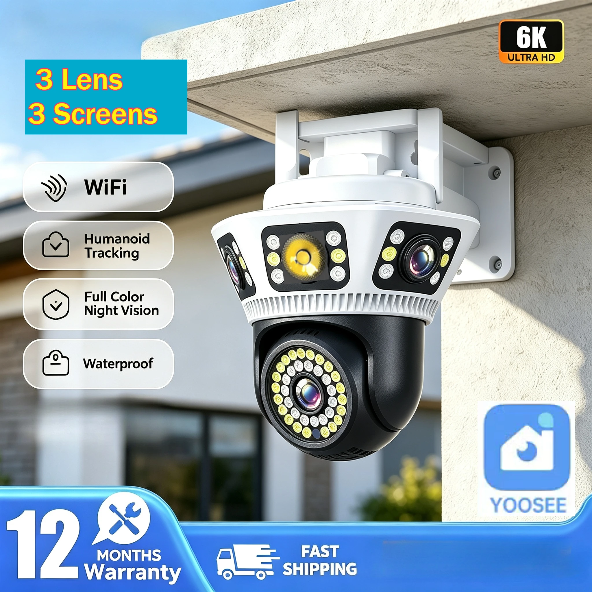 Yoosee WiFi Security Camera 3 Lens 3 Screen 6K WIFI PTZ Smart AI Human Detection Auto Tracking Mini Home/Shop Surveillance CCTV