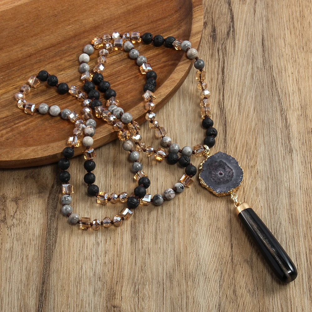 Irregular Sunflower Agate Bohemian Jewelry 6mm Natural Stone Glass Knot Necklace Striped Agate Drop Pendant Necklace