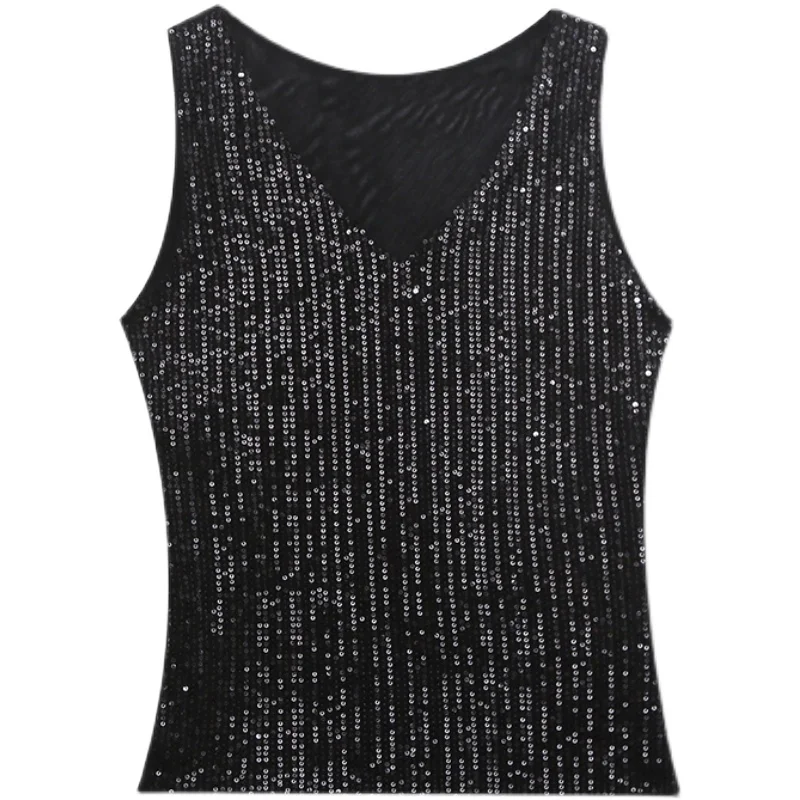 MadBlack European Clothing Tank Tops Women Sexy V Necks Glitter Sequin Slim Two Layer Mesh Tshirt Sleeveless Tee Summee T37058JC