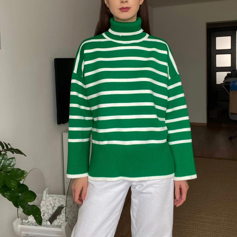 2023 Autumn/Winter Knit Pullover Contrast Stripe High Neck Pullover Sweater