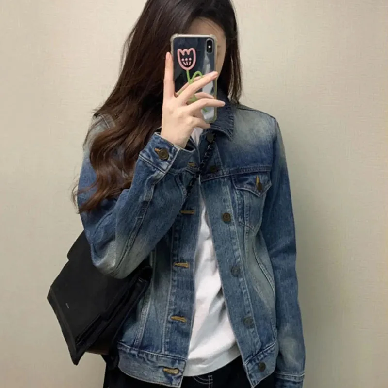 

Корейская модная джинсовая короткая куртка женская осень-зима новая повседневная джинсовая верхняя одежда с длинными рукавами женская винтажная стираная ковбойская куртка