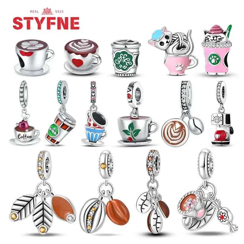 

925 Sterling Silver Moe Paw Coffee Cup Pendant Charms Silver 925 beads Original Bracelet for women fine Jewelry Making gifts