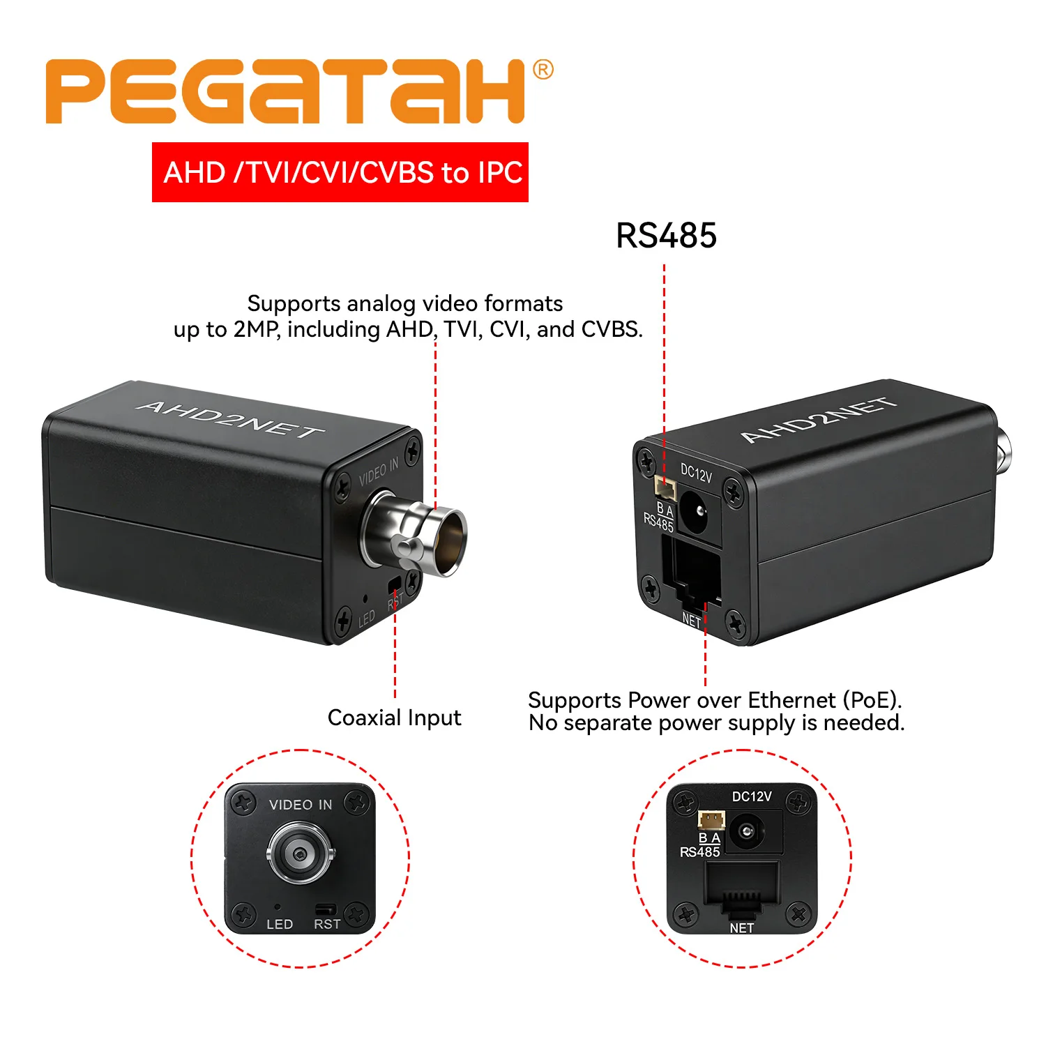 CVBS/TVI/AHD/CVI Signal Source 1080P Analog to IP Camera Converter ,ONVIF RTSP TCP/IP Protocol, RJ45 Output For NVR Support POE
