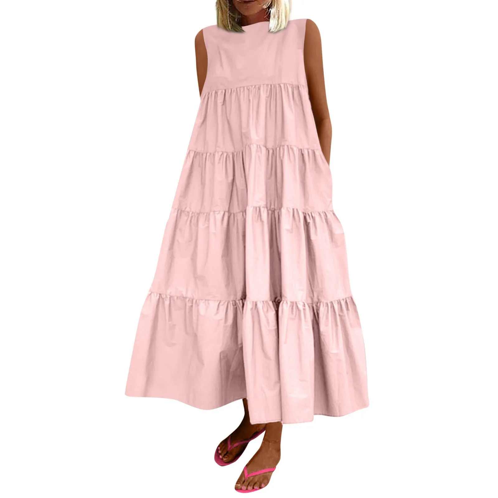 فستان نسائي فضفاض بدون جيب بدون أكمام ، فساتين برقبة مستديرة ، أحادي اللون ، كاجوال ، منتجع شاطئ البحر ، تاريخ ، صيف ، موضة جديدة