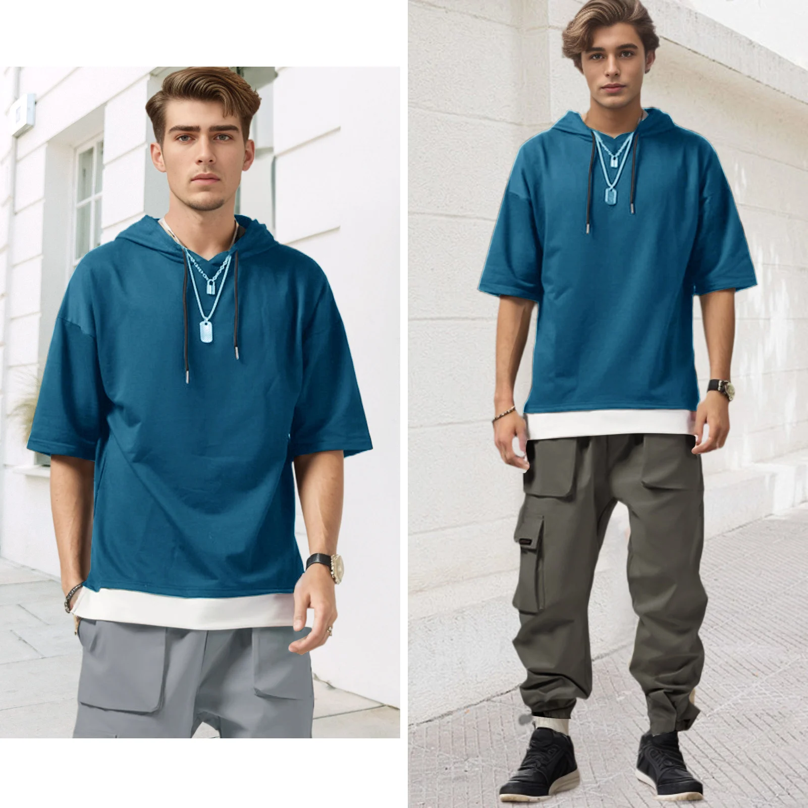Mens T-Shirt Short Sleeve Hoodie Soft Cotton Sweatshirts Moisture Wicking Casual Patchwork Unisex Hoodie tee