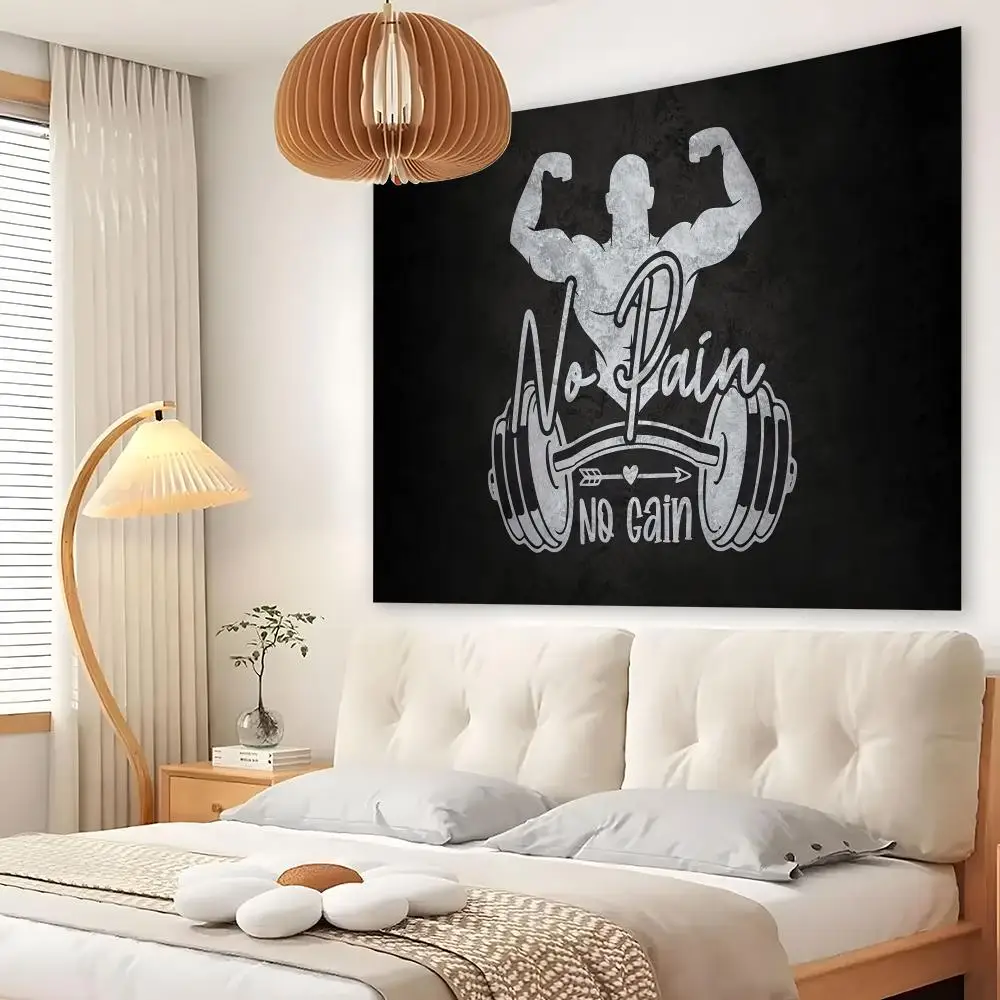 No Pain No Gain Gym Tapestry Custom Living Bedroom Party Dormitory Interior Wall Bohemian Decoration Attached Clip