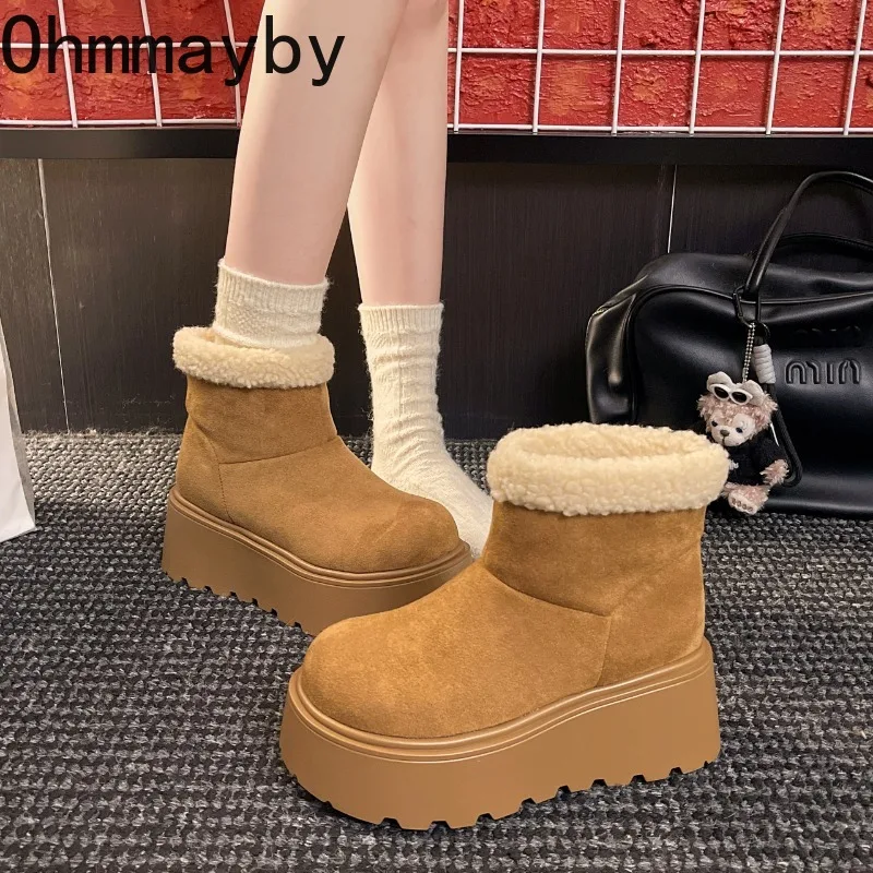 

Winter Women Platform Fur Lining Snow Boots Concise Height Increase Slip On Shoes Ladies Comfort Warm Cotton Short Booties