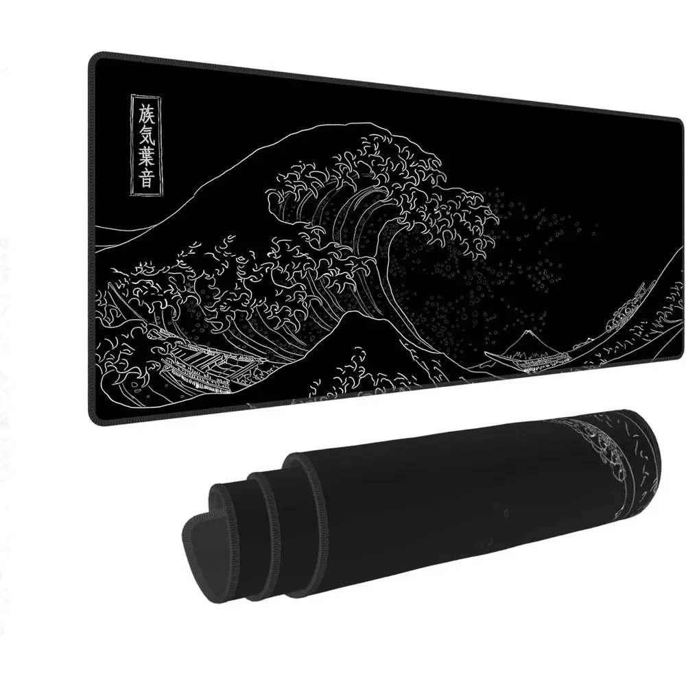 

Japanese Large Sea Wave Gaming Mouse Pad, Black Anime Desk Mat with Stitched Edges, 31.5x12 in, Office & Home Decor Accessory