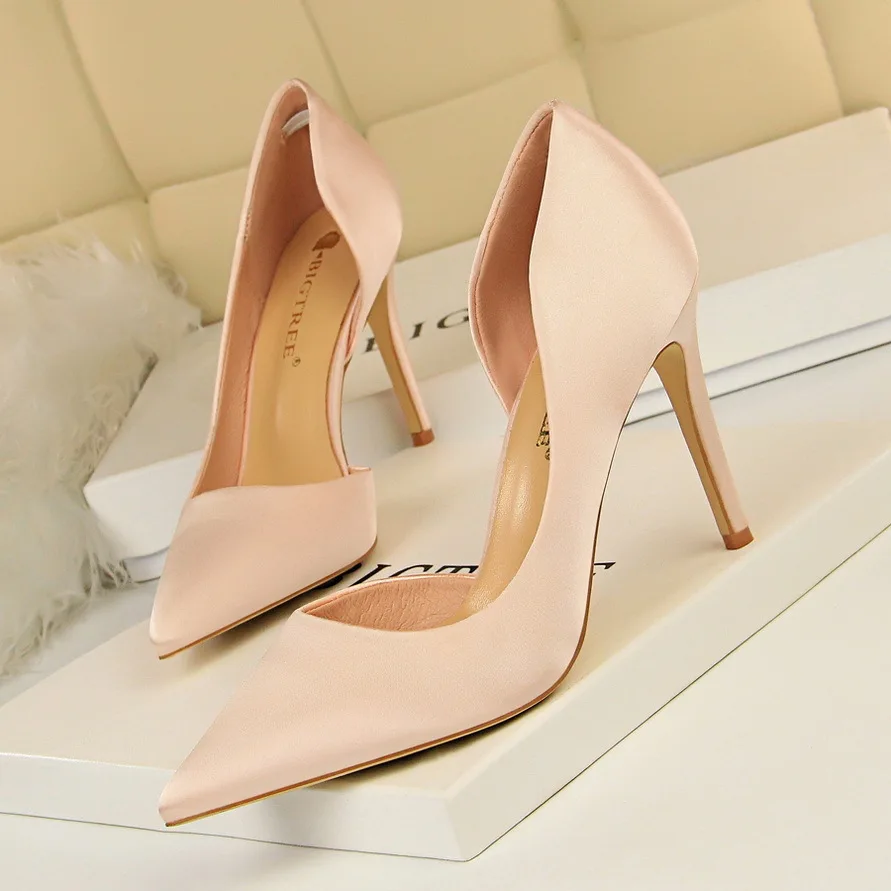 

Ladies Shoes Style Slim Satin Shallow Cut Pointed Side Sexy Nightclub Slimming Single Shoe Women's High Heels Pumps туфли женски