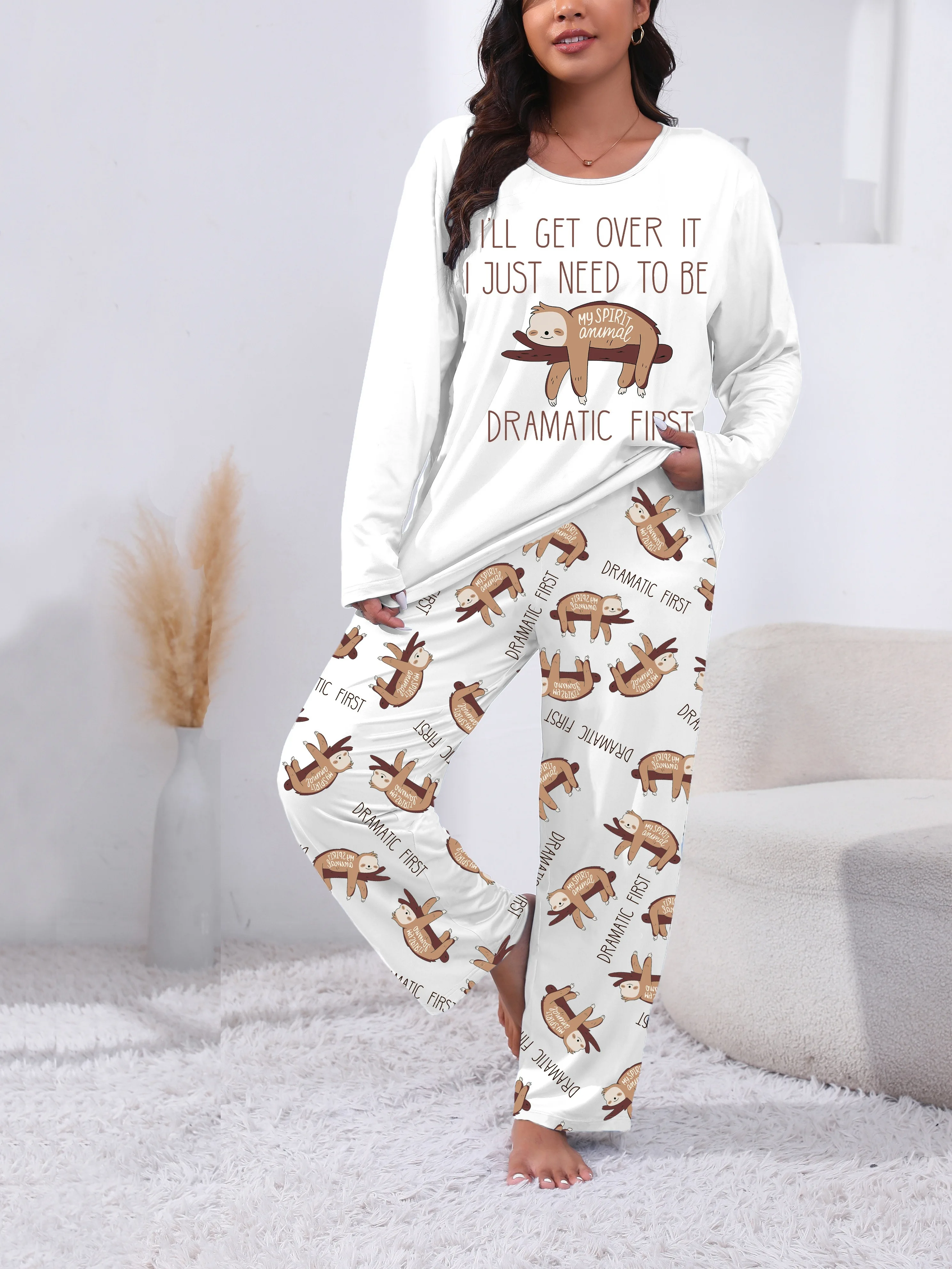 

Plus Size Cute Sloth Print Long Sleeve Long Pants Autumn Winter Pajama Set Loungewear