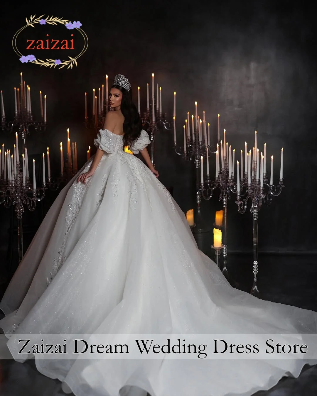 Customzied Luxury Ball Gown Glitter Wedding Dresses Strapless Latern Sleeve Lace Sequined Royal Robe De Mariee Vestidos De Noiva