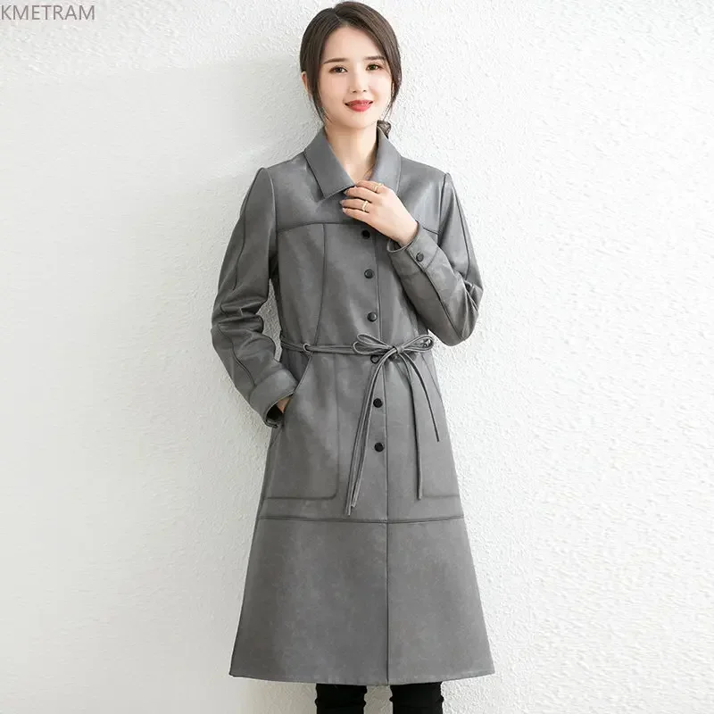 Veste élégante en cuir véritable pour femme, manteau en peau de mouton véritable, coupe-vent mi-long, mince, SGG, 2024