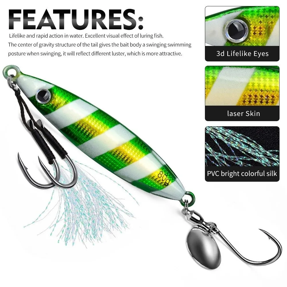 Metal Casting Jig Bait Reflective Fish Pattern Feathered Assist Hooks Saltwater Fishing Lure Long Casting Bionic Fish Lure
