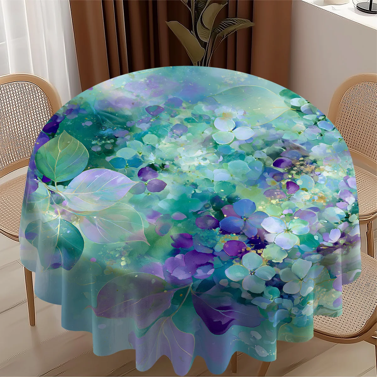 1pc Round Tablecloth with a 2D Printed Pattern Featuring Intertwined Hydrangeas, Green Leaves, and Dreamy Colors