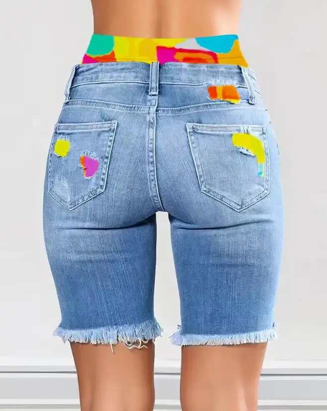 2023 Summer New Fashion Women\'s Tie Dye Print Ripped High Waist Denim Shorts Female Casual Bottom