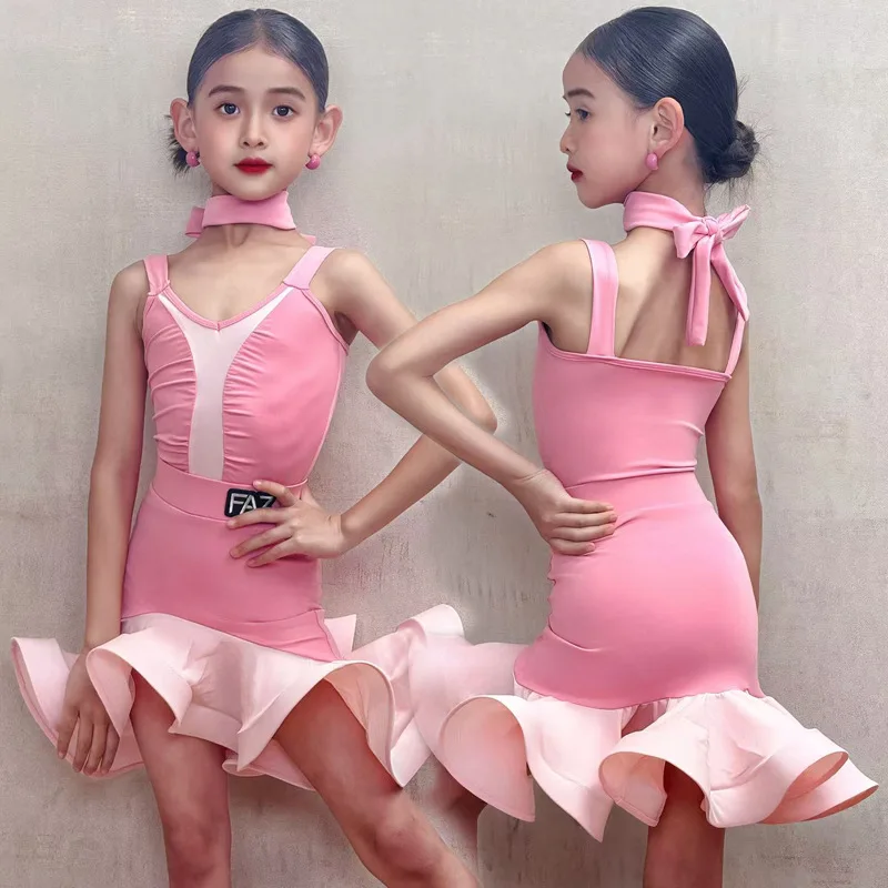 

Customized FAZ Girls' Latin Dance Suit Training and Practice Dress Class Course Team Performance Clothes Jumpsuit Top and Skirt