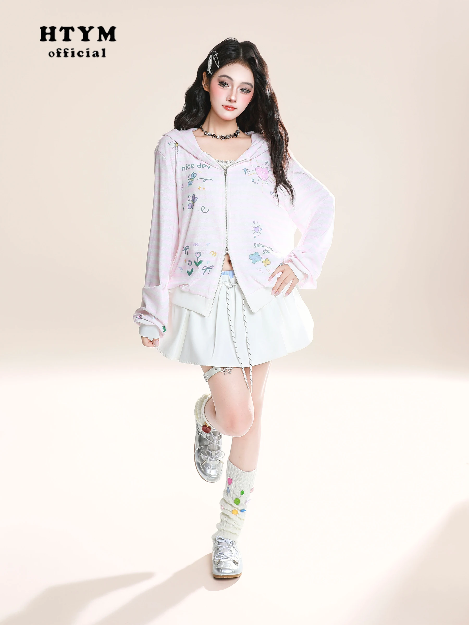 Fashion Sweet Cool Girl Y2K Hoodies Tops Striped Cute Print Loose Casual Zipper Long Sleeve Sweatshirt Short Jacket Women Autumn