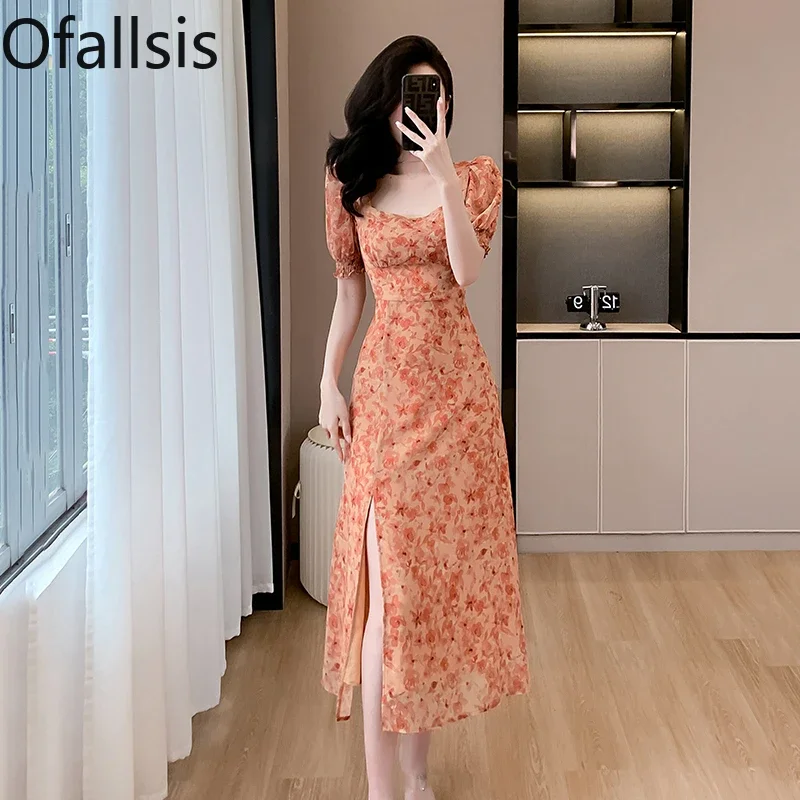 Ofallsis French Temperament Floral Square Neck Puff Sleeve Chiffon Dress 2024 Summer New Waist Cinched Slit Mid Length Dresses