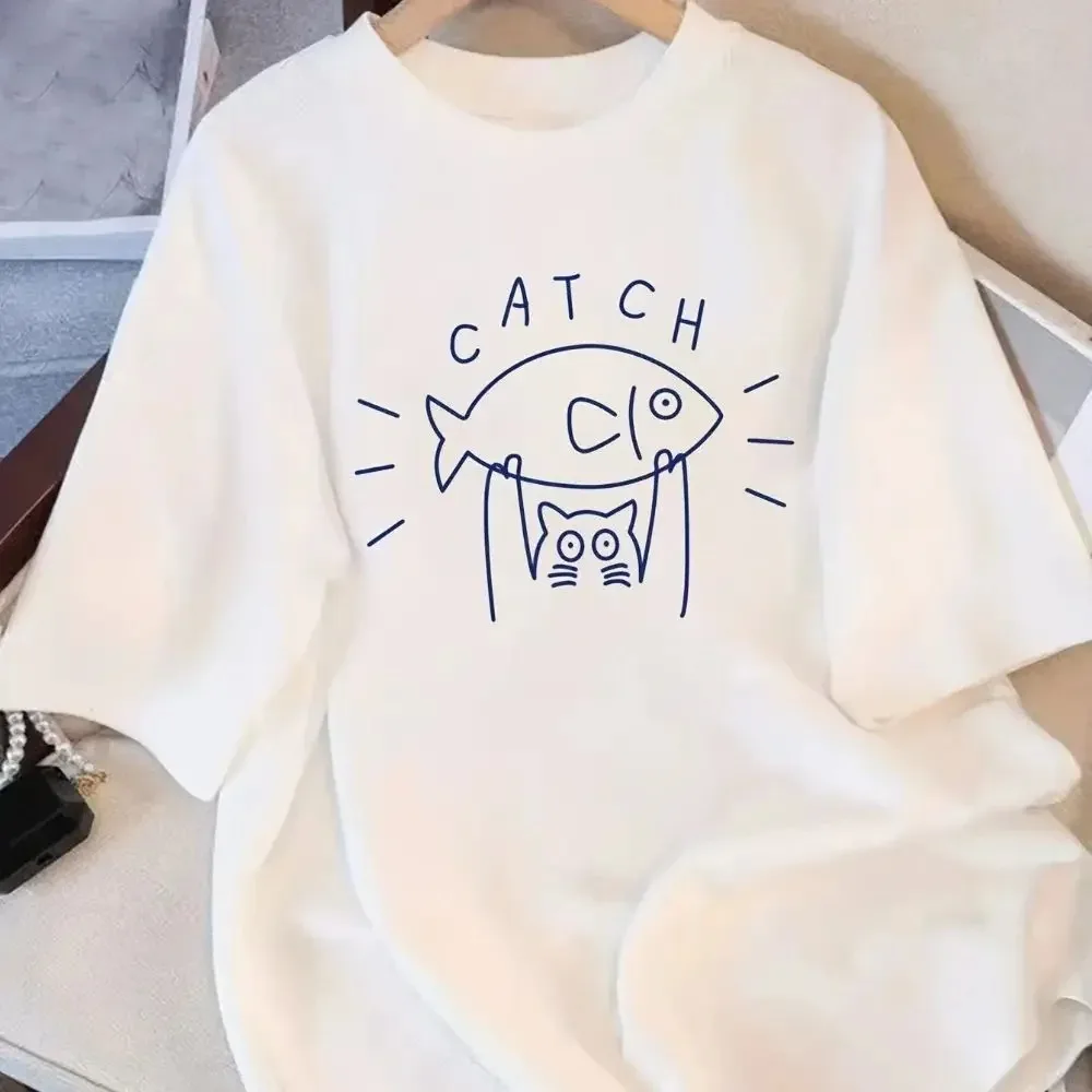 Hot Unisex Cute Cat Fish Line Graphic T-shirt Simple Catch Letter Print Short Sleeve Cotton Casual Oversized Streetwear Tee Tops