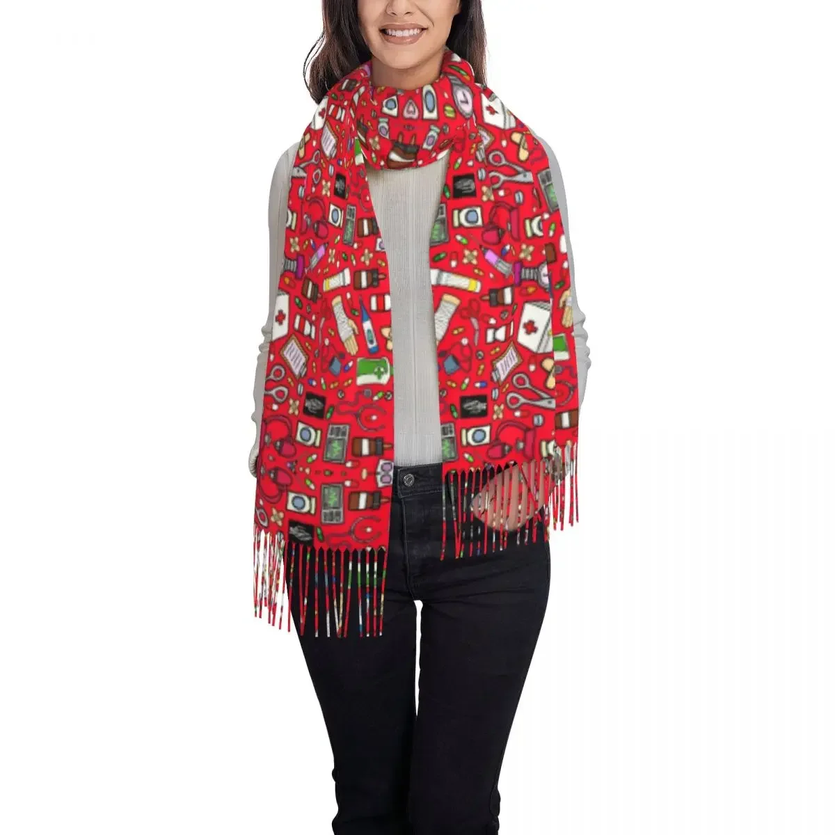 Red Nurse Pattern Scarf Wrap for Women Long Winter Fall Warm Tassel Shawl Unisex Nursing Scarves