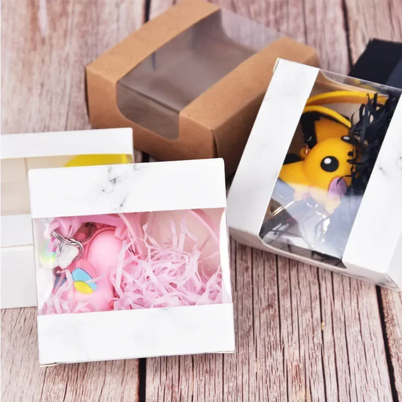 50Pcs/Lot Transparent Window Kraft Paper Box Mixed Color Fold Paper Boxes For Cookies Candy Packaging Jewelry Gift Display Box