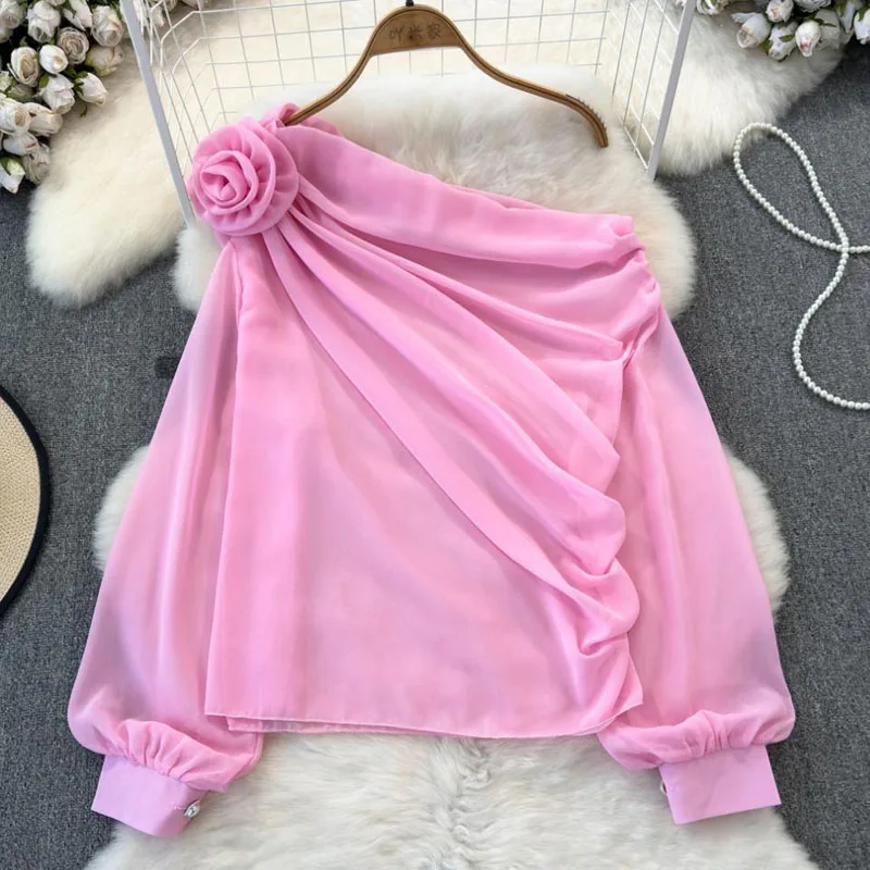 BKQU Women Sexy Off Shoulder Chiffon Blouse Elegant Lantern Sleeves 3D Flower Shirts Fashion Streetwear Party Mesh Tops 2026 New
